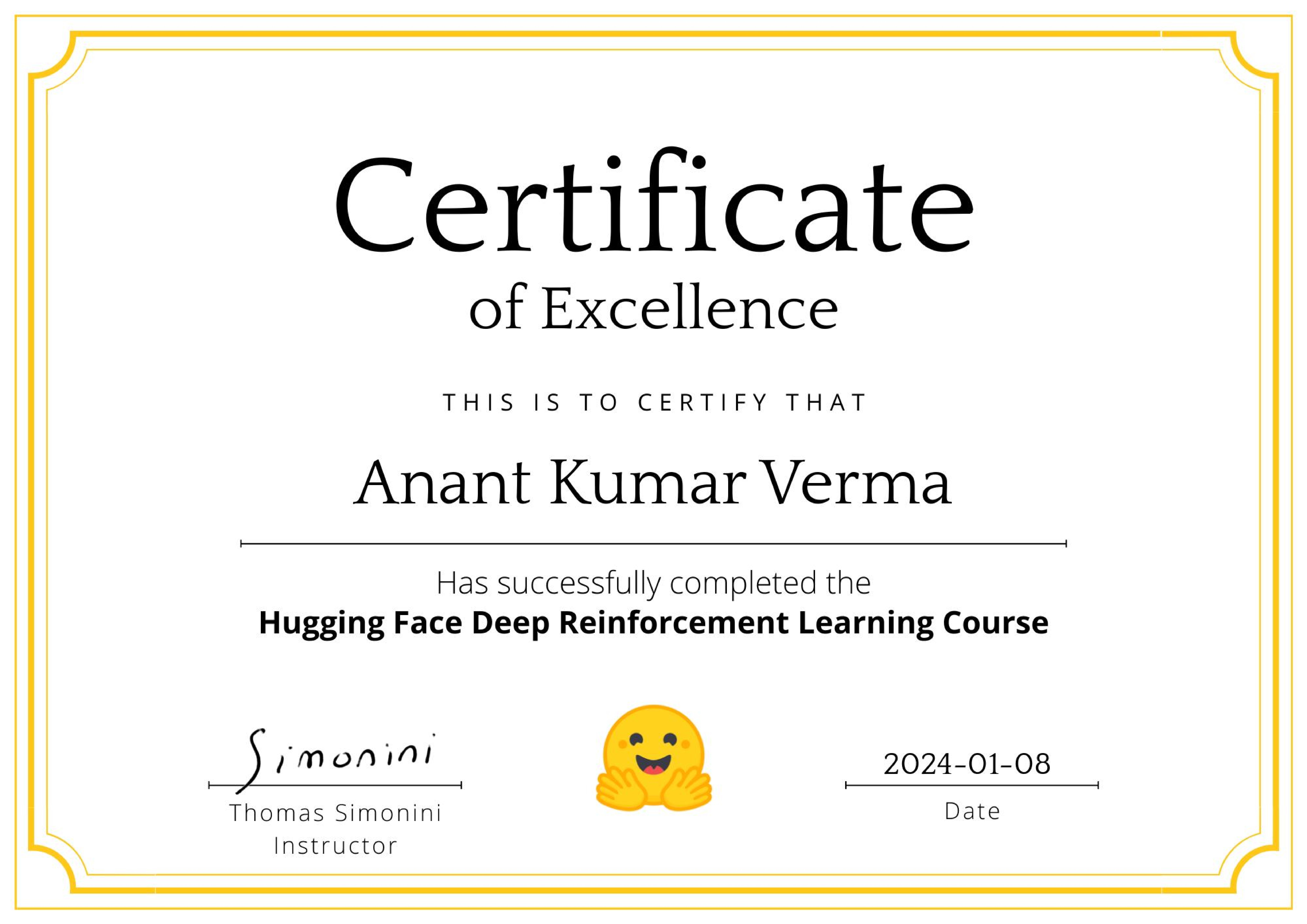 Deep Reinforcement Learning Certificate