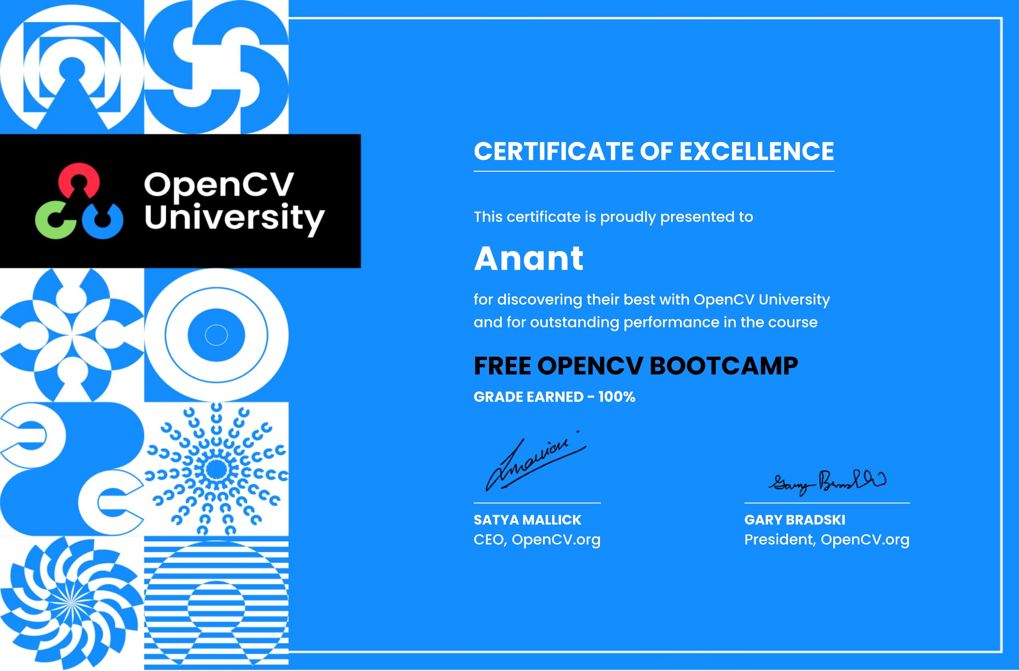 OpenCV Bootcamp Certificate